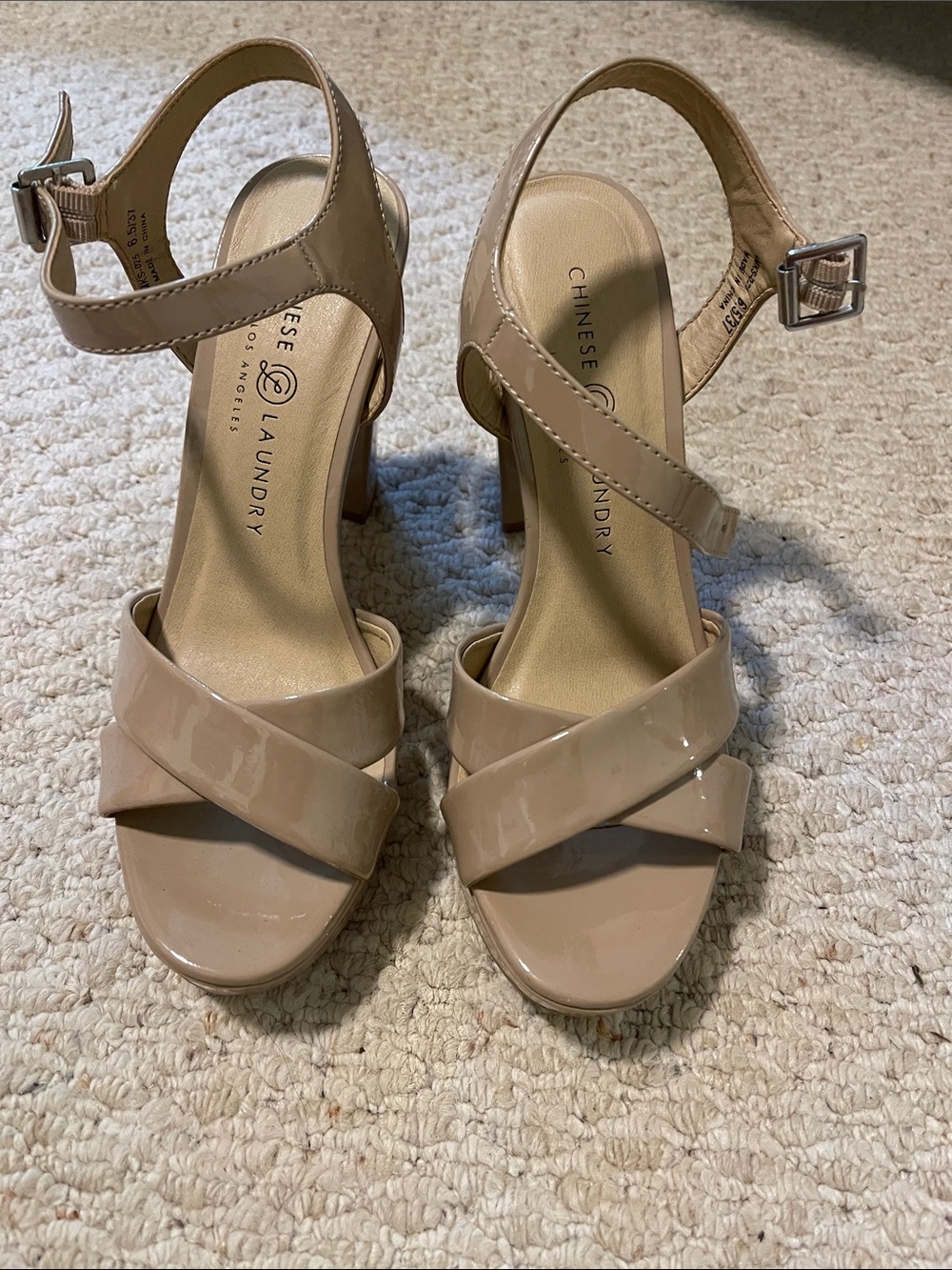Chinese Laundry Patent Nude Crisscross Block Heel Sandals